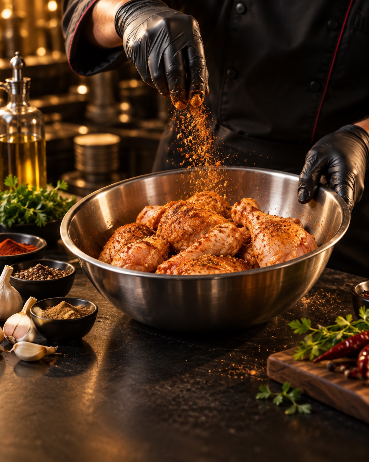 Chef seasoning fresh chicken for Red Sand Broast