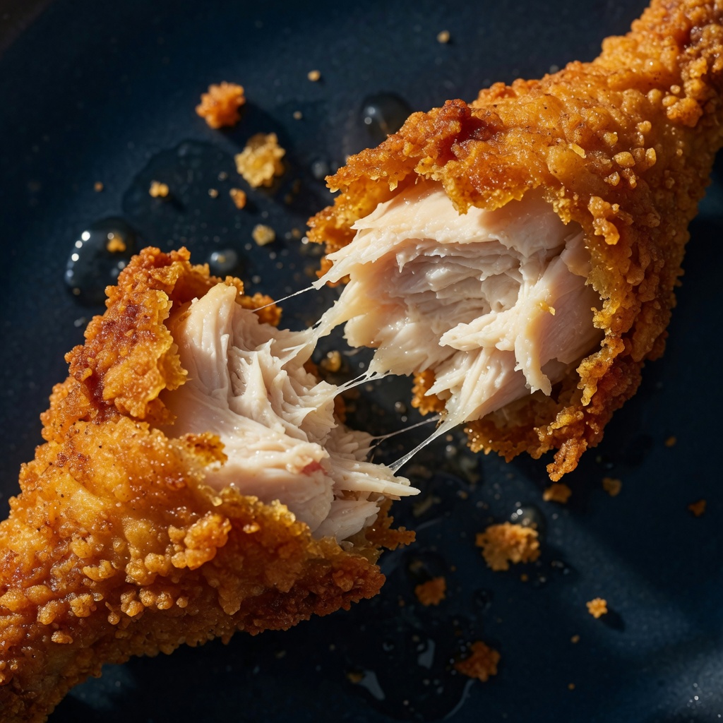 Crispy broast chicken showing its juicy centre